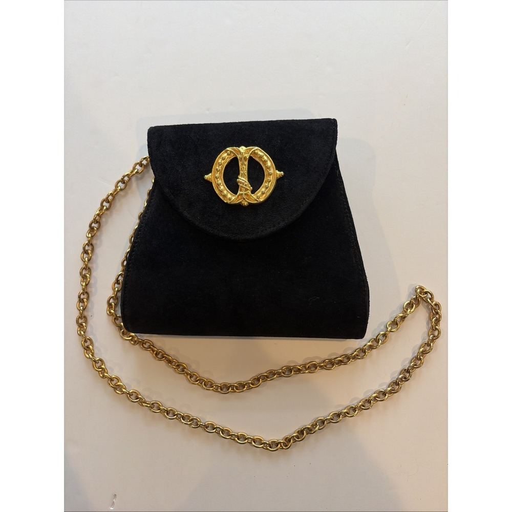 Casual Corner Black Suede Handbag Gold Medallion & Chain Essentials Elegant Bag